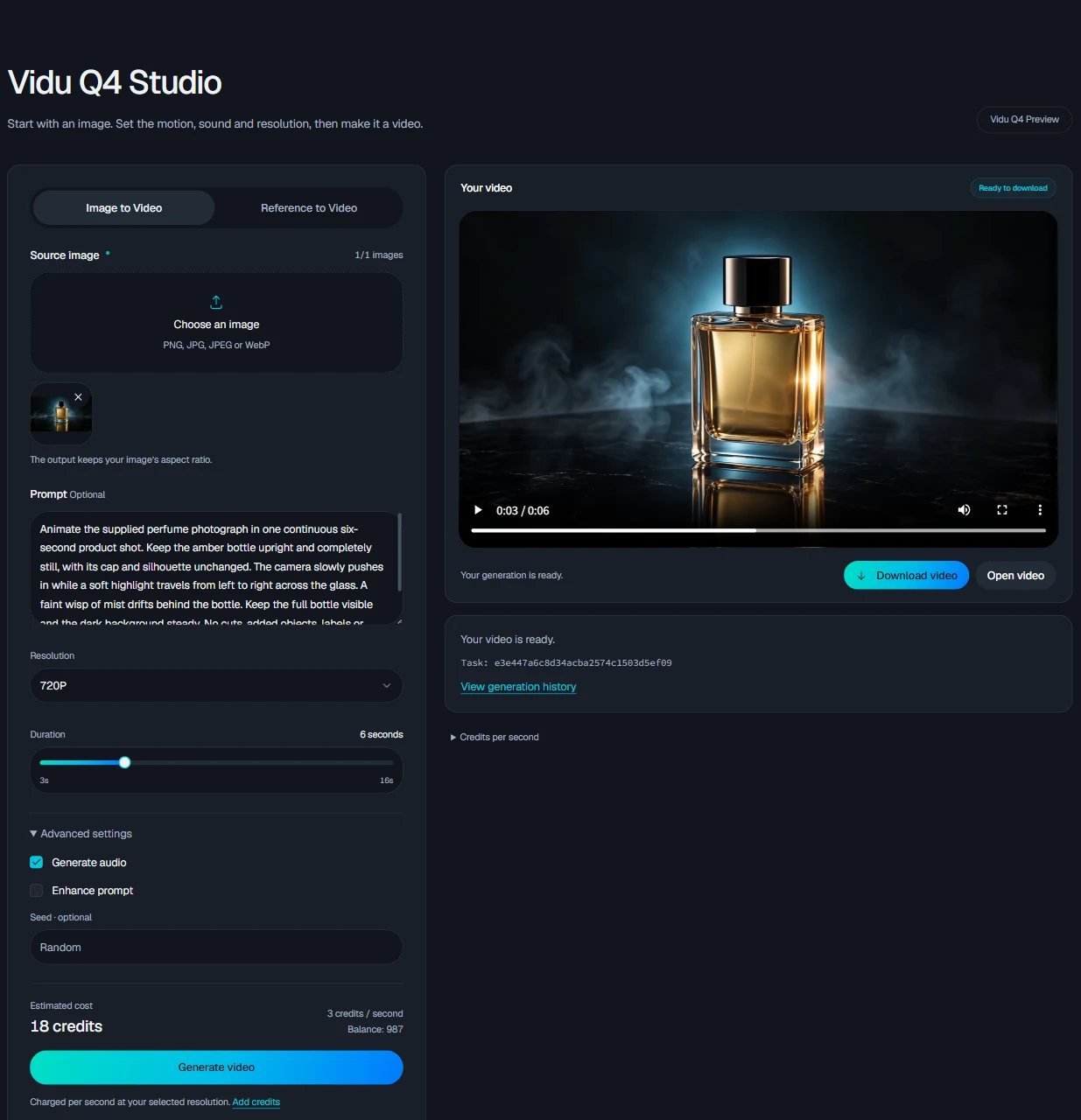 The completed generation in this website’s Studio, with playback and download controls.
