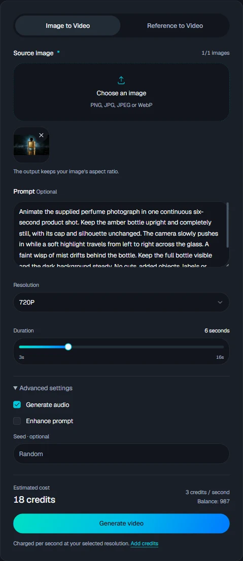 The actual Studio settings for this shot: source image, prompt, 720p, 6 seconds and an 18-credit estimate.