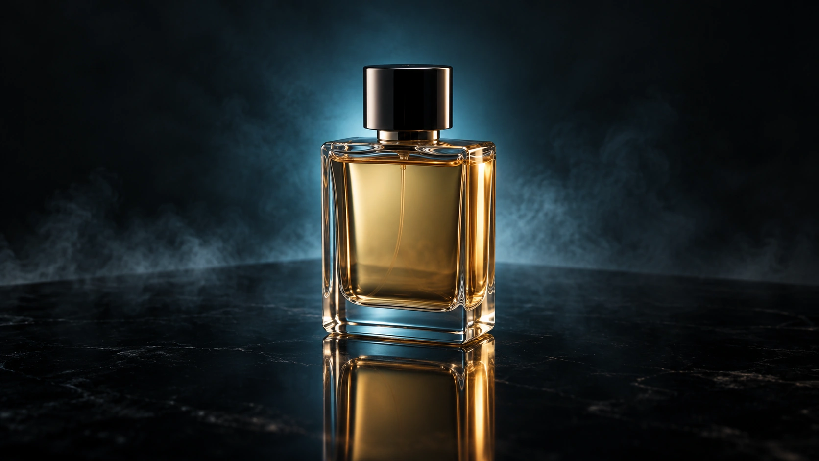 Source material: amber perfume bottle on a dark reflective tabletop